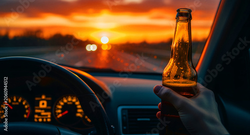 Hand holding a bottle of beer while driving a car at sunset. Dashboard and steering wheel visible with blurred road. Drunk driving concept, ideal for public safety and law enforcement campaigns.