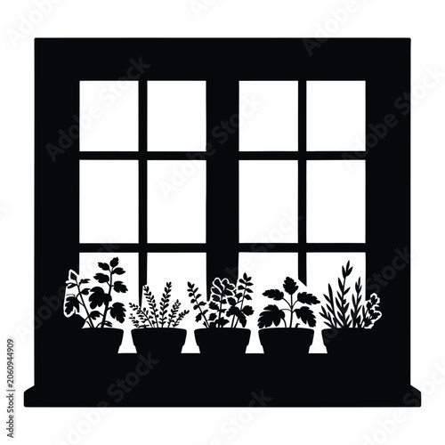 Window sill herb garden with small pots Vector, Silhouette, Illustration