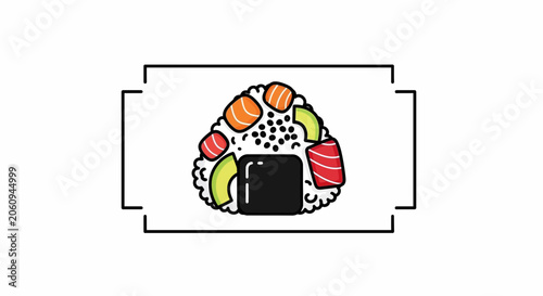 Onigiri Sushi Rice Ball with Salmon, Avocado, and Tuna, Japanese Food Illustration