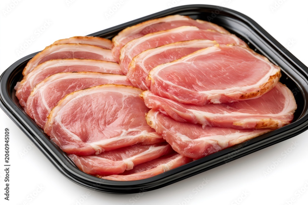 Fototapeta premium Raw sliced back bacon rashers in black plastic tray