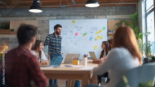 Colleagues collaborate on a software development project while discussing wireframe sketches on a whiteboard in a modern office.