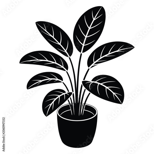 Plant in Decorative Pot Vector, Silhouette, Illustration