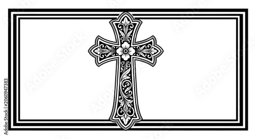 Ornate Christian Cross with Floral Accents and Decorative Border