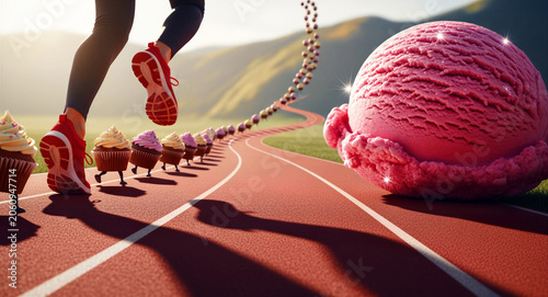 Athlete running on a track alongside small cupcakes with legs. Huge pink ice cream scoop sits beside the winding lane under a bright sun. Funny fitness and craving concept for health, diet, and.