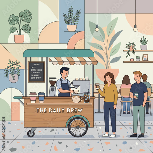 Coffee Cart Scene: Barista serving customers in a modern cafe with plants