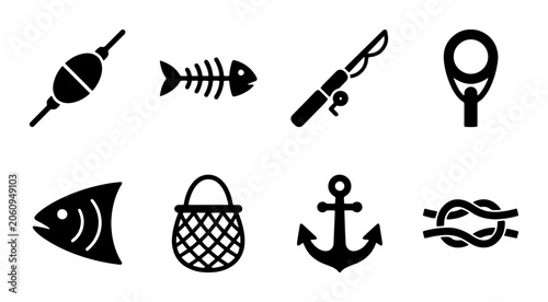 Obraz na plátně 8 Fishing Icons Silhouette Set, for Outdoor Recreation and Hobby