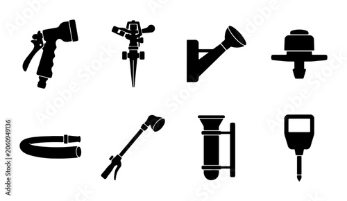 Foto 8 Garden Watering Tools Silhouette Icons, Flat, for Outdoor Landscaping