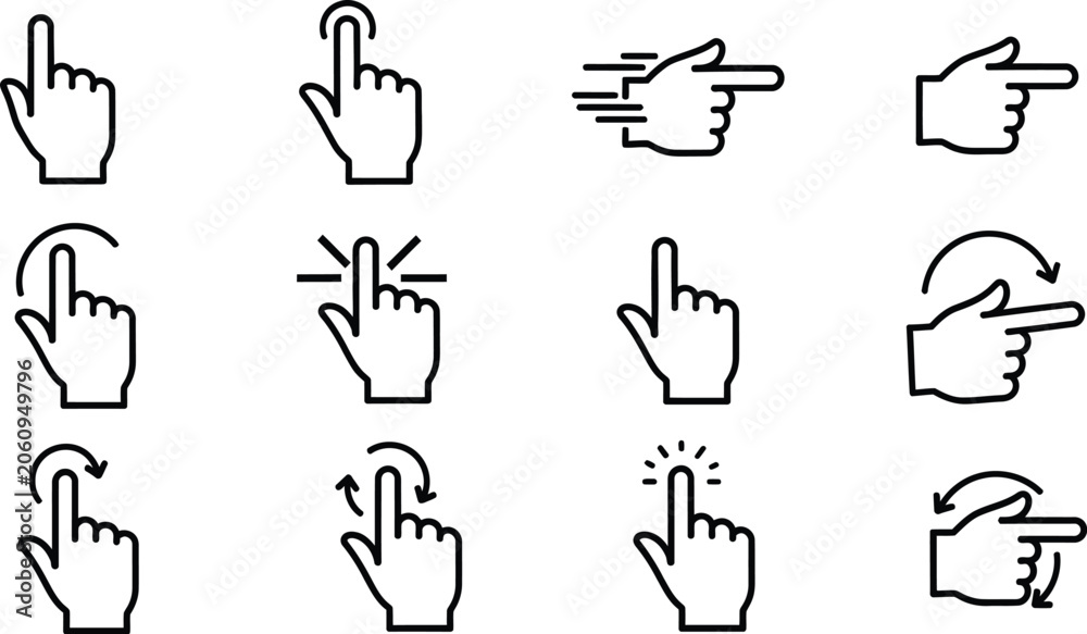 Fototapeta premium Hand cursor icons set pointing swiping selecting and rotating gestures