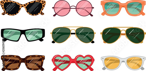 Trendy summer sunglasses and vintage eyewear collection vector illustration set isolated on white background