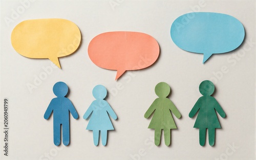 Tapety artystyczne Paper cutouts show diverse people with colorful speech bubbles above them.
