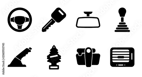 Bild auf Leinwand Car Interior Icons Set: Steering Wheel, Key, Mirror, Gear Shift, Handbrake, Air