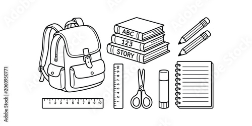 Photography Back to school supplies collection backpack books stationery black and white ske