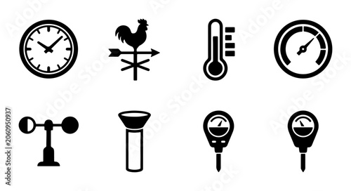 Obraz na plátně Weather Icons Set: Clock, Rooster Vane, Thermometer, Barometer, Anemometer, Ligh