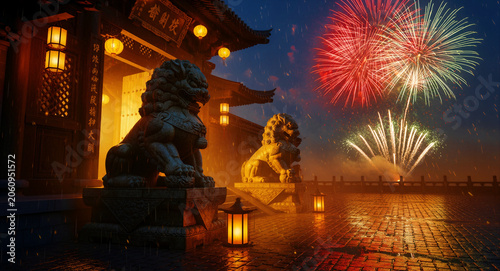 Chinese guardian lions in front of a temple with fireworks. Lanterns light the courtyard during a festive night. Lunar New Year celebration concept for travel and cultural marketing.