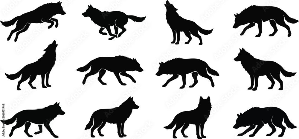 Obraz premium Wolf Silhouettes Set with Running Howling and Standing Poses