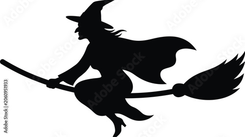 Schilderij op canvas Witch Flying on Broomstick Black Silhouette Icon