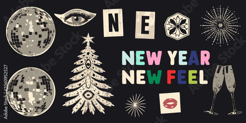 Valokuva New year collage featuring disco balls champagne flutes and festive elements in