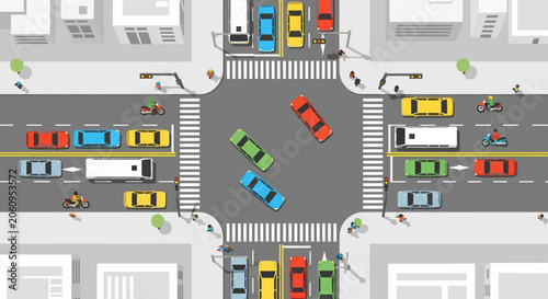 Busy City Intersection With Traffic And Pedestrians Above View