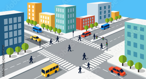 City Intersection with Pedestrians, Cars and Buses in Flat Design