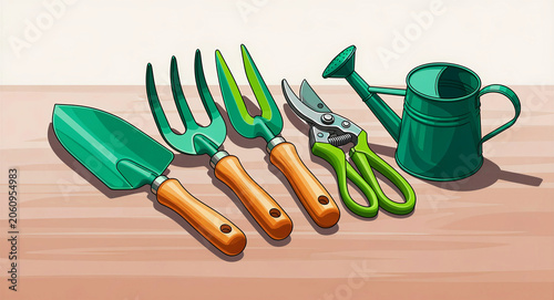 Green gardening tools arranged on a wooden surface. Set includes a trowel, forks, pruners, and a watering can for plant care. Garden equipment illustration for hobby farming and spring planting.