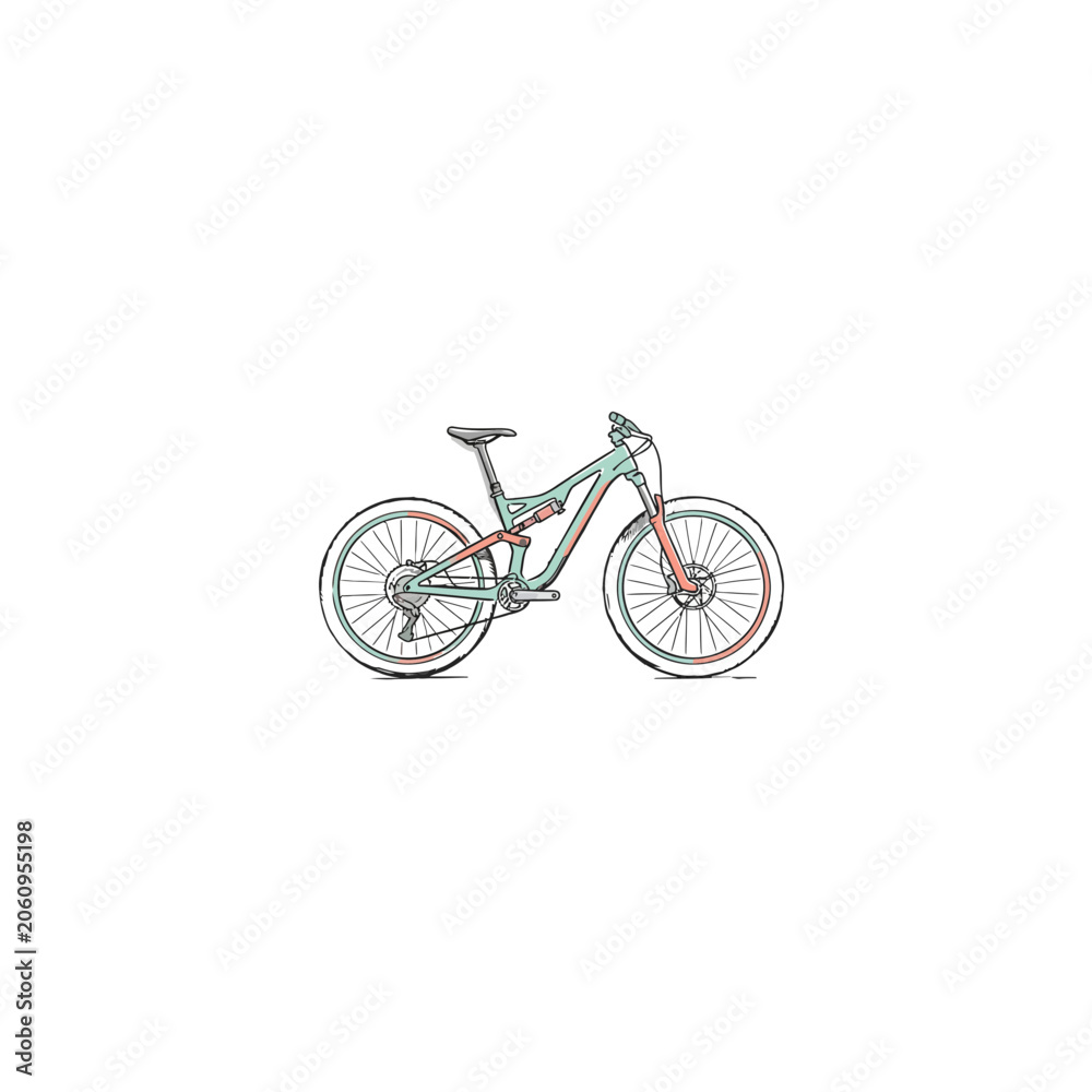 Fototapeta premium Teal Andecoral Full‑Suspension Mountain Trail Bike Featuring Knobby Off‑Road Tires Rendered In A Hand‑Drawn Sketchy Outline Style Vector Illustration