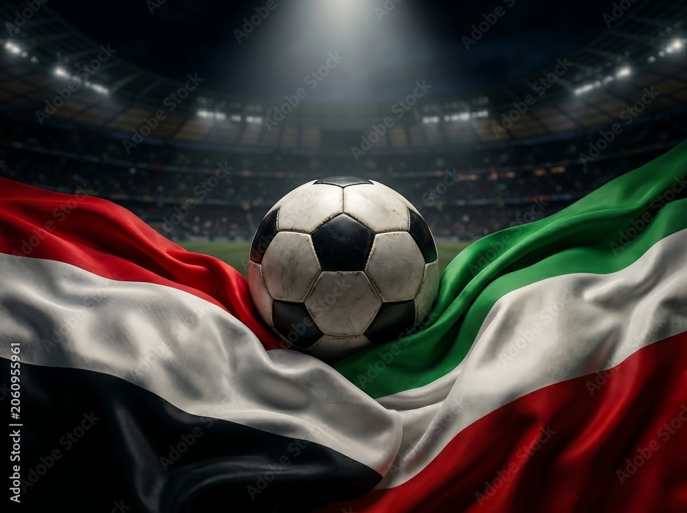 Naklejka premium Soccer ball resting on draped flags of yemen and kuwait in a stadium