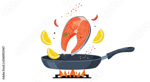 Fresh salmon fillet cooking in frying pan over gas stove flame with lemon and spices for culinary blog and recipe book illustrations.