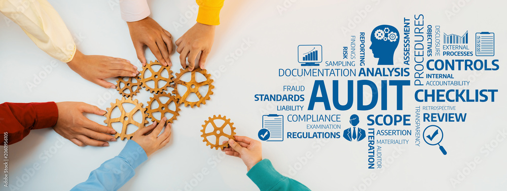 Obraz premium Hands Collaborating on Audit Process with Gears and Key Terms for Workflow, Review, and Analysis in Business Environment. Amity