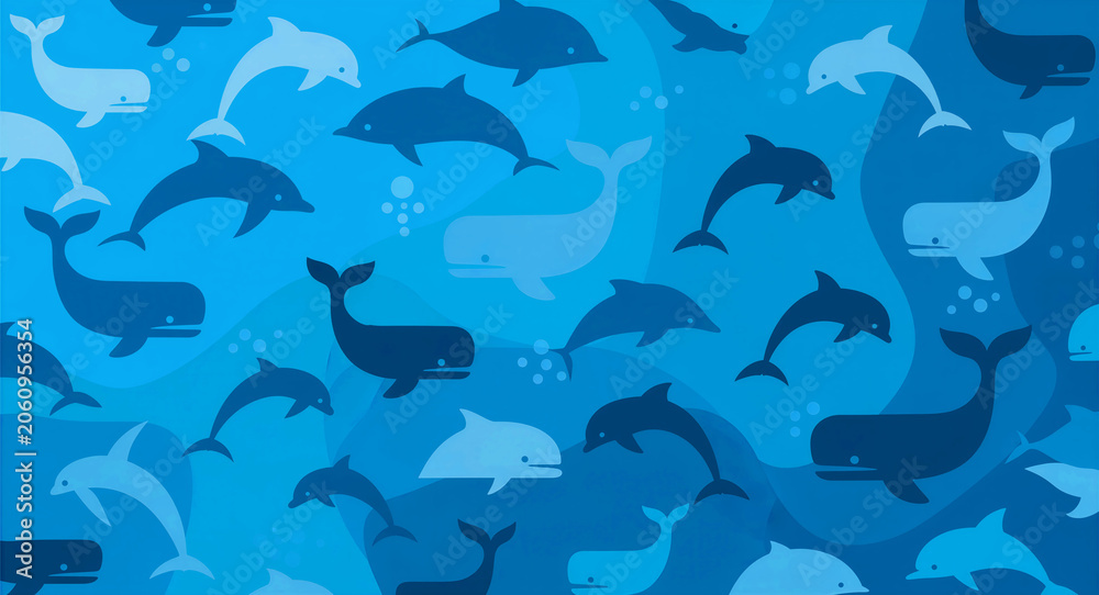 Naklejka premium Seamless pattern featuring whale and dolphin silhouettes swimming in a blue ocean. Minimalist flat vector illustration with aquatic mammals and bubbles. Ideal for nursery wallpaper and fabric prints.