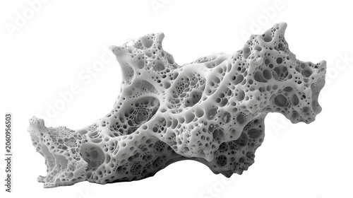 Elongated white porous pumice stone abstract 3D shape isolated on a transparent background