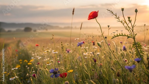 Beautiful wildflower field at sunrise with red poppies and blue cornflowers
