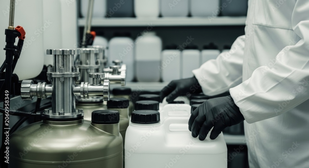 Fototapeta premium Laboratory technician handling chemical container with stainless steel equipment setup
