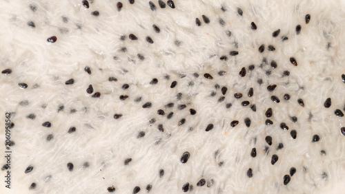 An intricate abstract macro close-up of the pristine white flesh of a fresh pitaya fruit, showcasing its vibrant texture and numerous small, dark seeds scattered throughout