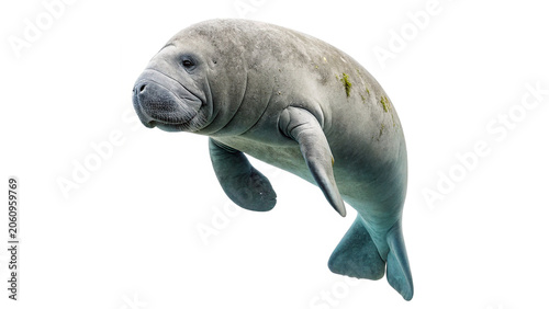 Fotografia Large grey manatee dugong swimming gracefully wild marine animal isolated on tra