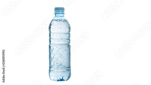 Fotografie Clear plastic bottle filled with clean drinking mineral water isolated on transp
