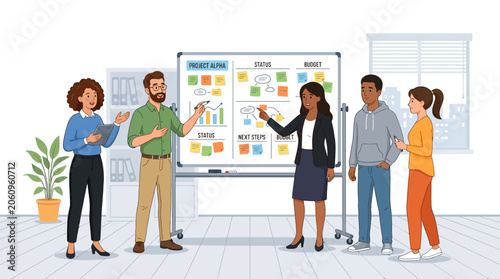 Business Team Planning Strategy at Office Whiteboard