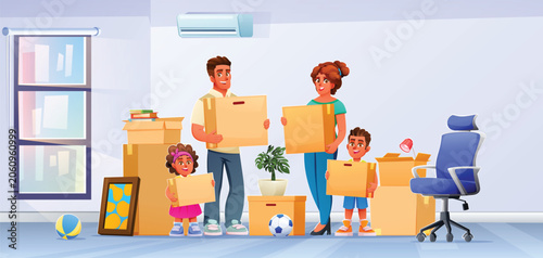 Tableau sur toile Happy family holding cardboard boxes inside new home with belongings