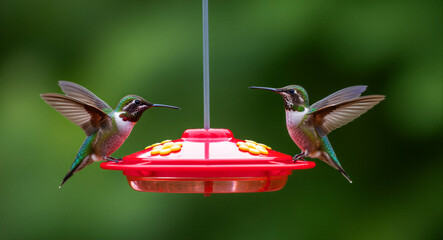 Two hummingbirds hover and feed at a red bird feeder against a blurred green background. Tiny birds with iridescent feathers captured in mid-air. Nature and backyard wildlife photography concept.