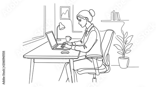 Woman working on laptop at desk in minimalist line art style