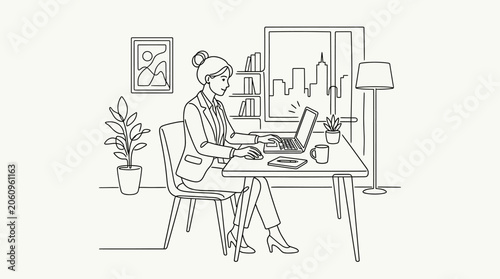 Woman working on laptop at desk in modern home office, line art illustration