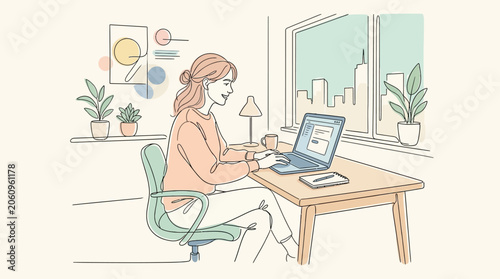 Woman working on laptop at desk in modern minimalist home office, city view