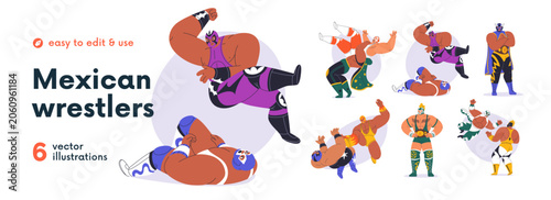Mexican wrestlers, lucha libre fighters set. Luchadores fight in masks and ca...