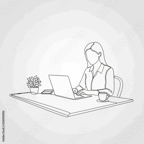 Woman working on laptop at desk with coffee, line art illustration