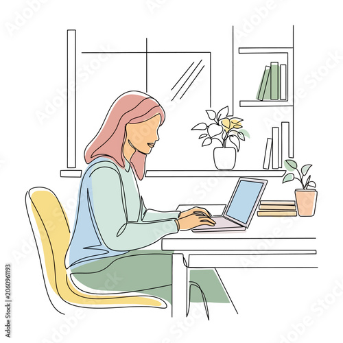 Woman working on laptop at desk with plants, minimal line art