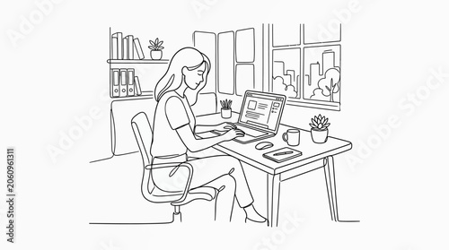 Young woman typing on laptop at desk with city view, line art illustration
