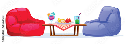 Tableau sur toile Comfortable bean bag chairs flanking a wooden table with fruit and cold drinks served