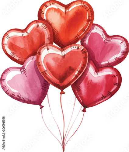 watercolor red color heart Balloons vector illustration isolated on white background