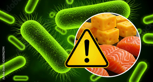 Green bacteria with cheese, raw salmon, and a warning symbol. Pathogenic microbes like listeria representing food contamination. Food safety concept for medical and hygiene health awareness.