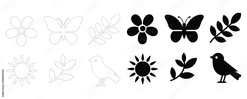 Fototapeta premium Nature and garden themed icon set collection with butterfly silhouette wildlife isolated