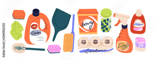 Household cleaning supplies set. Chemical detergents, sponges, liquid chemica...